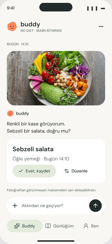 Birlikte bakalım ekranı: Buddy renkli bir kase görüyorum diyor, sebzeli salata tahmini düzeltilebilir