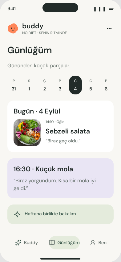 Günlüğüm ekranı: gününden küçük parçalar, öğle ve mola kayıtları