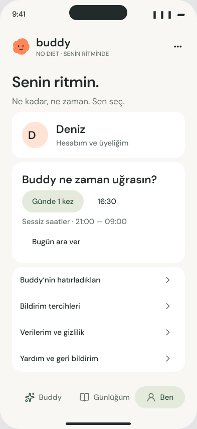 Senin ritmin ekranı: Buddy ne zaman uğrasın, sessiz saatler, bildirim tercihleri