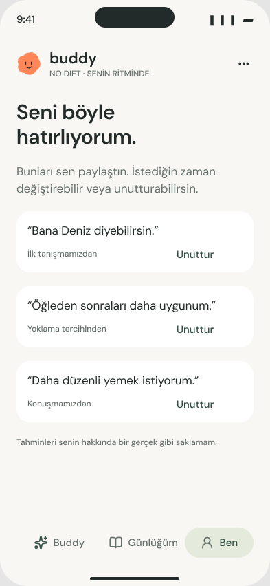Hatırladıklarım ekranı: Buddy'nin hatırladığı üç not ve unuttur düğmeleri